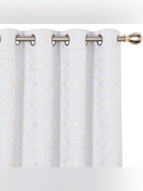 Geometric Grommet Curtain Panels - Light Gray with Gold Lines